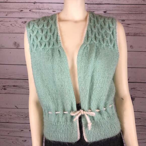 Vintage Hand knit open front green vest size medium - Picture 5 of 11